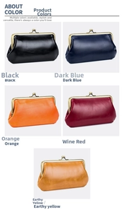 Macro view of vintage leather clutch bags in five colors with antique gold metal frames