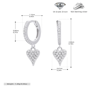 Detailed size specifications for S925 sterling silver heart earrings with 5A zircons