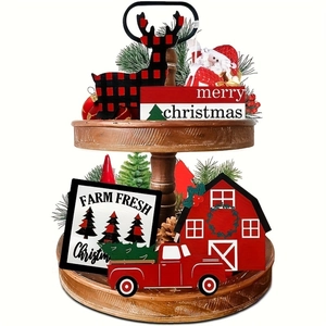 Rustic farmhouse Christmas tiered tray set with wooden decorations and mini red truck decor