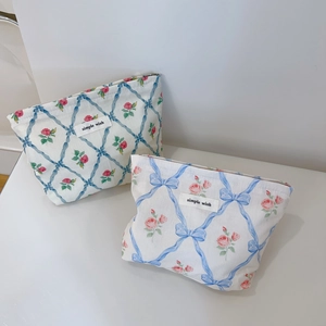 Trousse De Toilette En Coton Floral Doublure Toile Fermeture Éclair Sac À Maquillage Pour Femmes Organisateur Quotidien Style Pastoral