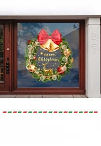 Detail of Christmas wreath window sticker with red bow, golden deer, and Merry Christmas text