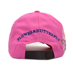 Detail of pink baseball cap with blue Flower & Butterfly embroidery and adjustable leather strap