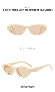 Front and side view of vintage oval cat-eye sunglasses in beige with brown lenses