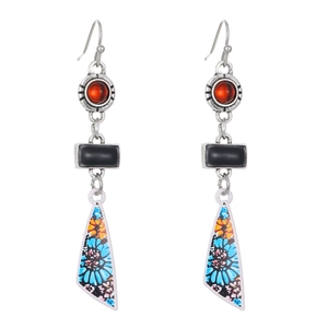 Bohemian geometric drop earrings with vintage colorful enamel patterns and red beads