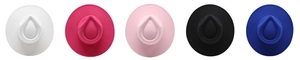 Flat brim wool fedora hats displayed in white, rose red, pink, black and royal blue
