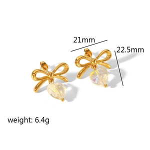 18k gold butterfly bow earrings with heart zircon pendant dimensions 21mm by 22.5mm