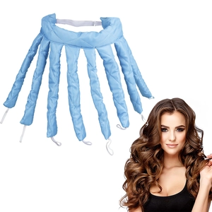 Blue heatless hair curler with eight octopus straps and model demonstration effect
