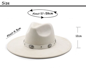 Size chart showing off-white wool felt fedora with concho leather band details