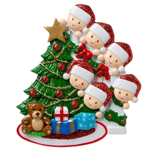 DIY personalized resin Christmas tree ornament featuring a family of six with small bear