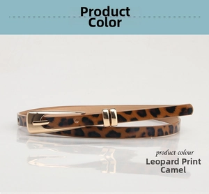 Detail of slim leopard print belt with golden metal buckle and polished finish