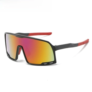 Detail of red-yellow gradient lenses and black-red anti-slip sport sunglasses frame