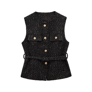 Black tweed vest with gold buttons and matching belt shown on plain white background