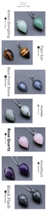 Detailed vertical showcase of seven natural teardrop gemstone pendants in various materials