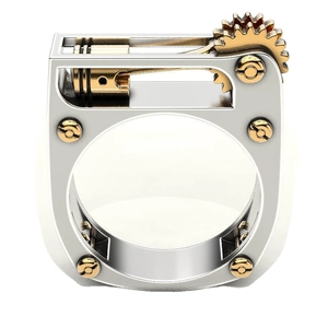 Mechanical industrial steampunk ring with silver and gold pistons and gear details