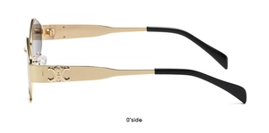Detail of light gold metal sunglasses frame with embossed Triomphe logo on the temple
