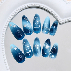 Blue gradient press-on nails with 3D heart pearl and silver star cosmic design