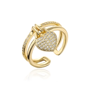 Close-up of 18K gold plated hollow heart ring with crystals on a white reflective base