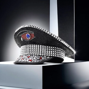 Black sequined military hat with sparkling rhinestones and crystal eye badge for party