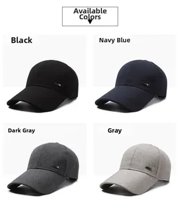 Detailed grid view of long brim baseball caps in black, navy blue, dark grey, and grey