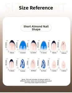 Size chart showing 12 dimensions for short almond blue marble and French press-on nails
