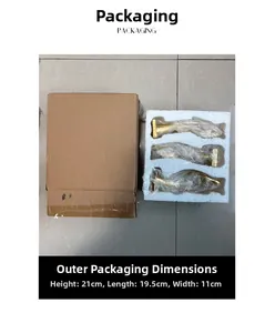 Three-piece golden resin decor set shown in protective packaging with dimensions