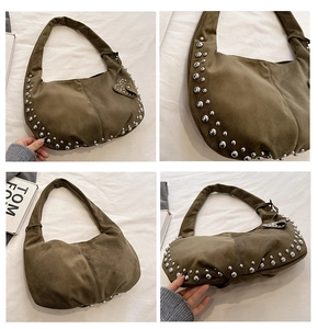 Vues détaillées d'un sac hobo en daim marron foncé avec des clous et bandoulière