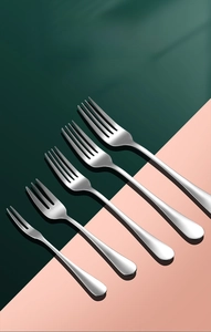 Detail view of 1010 stainless steel forks set with brushed finish and smooth rounded tips