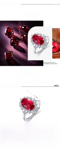 Detailed view of an 8x12mm oval red ruby ring with S925 silver band and dimensions