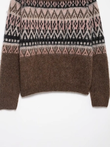 Close-up of vintage brown mohair sweater with pink and beige geometric knit patterns