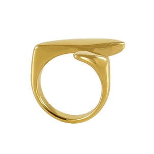 Detailed view of polished 18k gold geometric ring with minimalist fluid streamline design