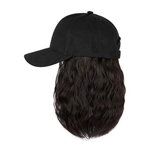 Detail of baseball cap with attached long wavy deep brown synthetic hair extension