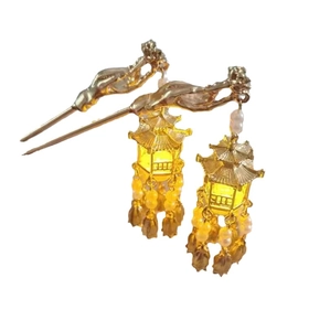 Luminous Chinese vintage hair pins with golden lantern pendants and metal tassels
