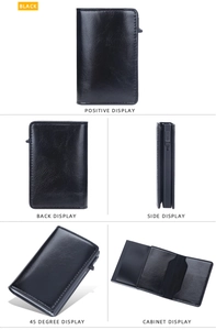 Multi-angle view of black leather RFID blocking credit card holder with pop-up mechanism