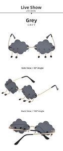 Détails des lunettes de soleil grises en forme de nuage avec chaînes dorées et glands