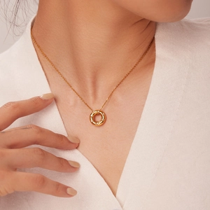 Elegance 18K gold plated hollow circular pendant necklace with sparkling cubic zirconia