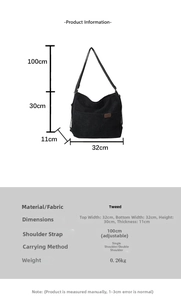 Détails des dimensions 32x30x11cm et sangle réglable du sac fourre-tout en velours