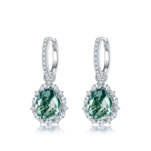Pear cut green moss agate drop earrings in S925 sterling silver with zircon accents