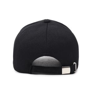 Back view of black canvas baseball cap with adjustable silver metal buckle on white background