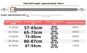 Size chart for women's PU leather belt showing strap length and waist measurements