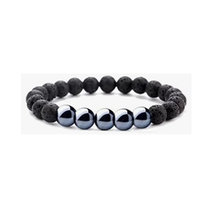 Close-up of 8mm natural lava rock beads and metallic hematite stones on an elastic bracelet