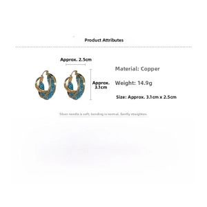 Detail view of gold mesh layered earrings with technical dimensions and copper material specs