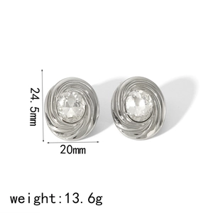 Detailed view of silver oval zircon earrings with size specs 24.5mm x 20mm and weight 13.6g