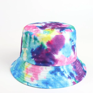 Close-up of colorful tie-dye bucket hat with durable stitching and cotton twill texture