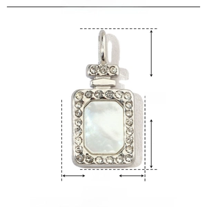 Detailed view of silver perfume bottle pendant with white shell and rhinestone inlay