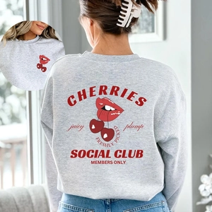 Light gray crewneck sweatshirt with cherry and lip print, street style for men and women