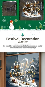 Detail of 3D Christmas window stickers featuring Merry Christmas text and Santa's sleigh