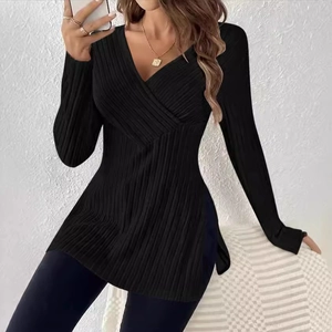 Women's slim fit V-neck ribbed knit long sleeve top in black color for autumn