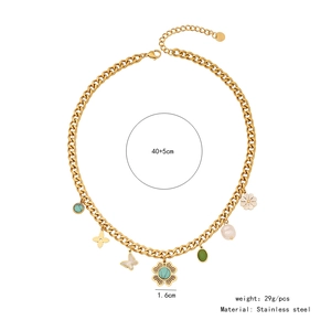 Detailed close-up of bohemian stainless steel gold necklace with multi-color floral charms