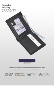 Detailed view of black bifold leather wallet with multiple card slots and cash compartment