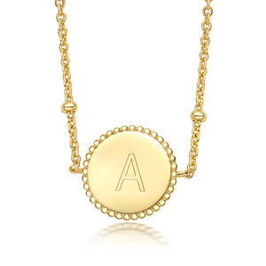 S925 sterling silver gold round pendant necklace featuring an engraved letter A and beaded border
